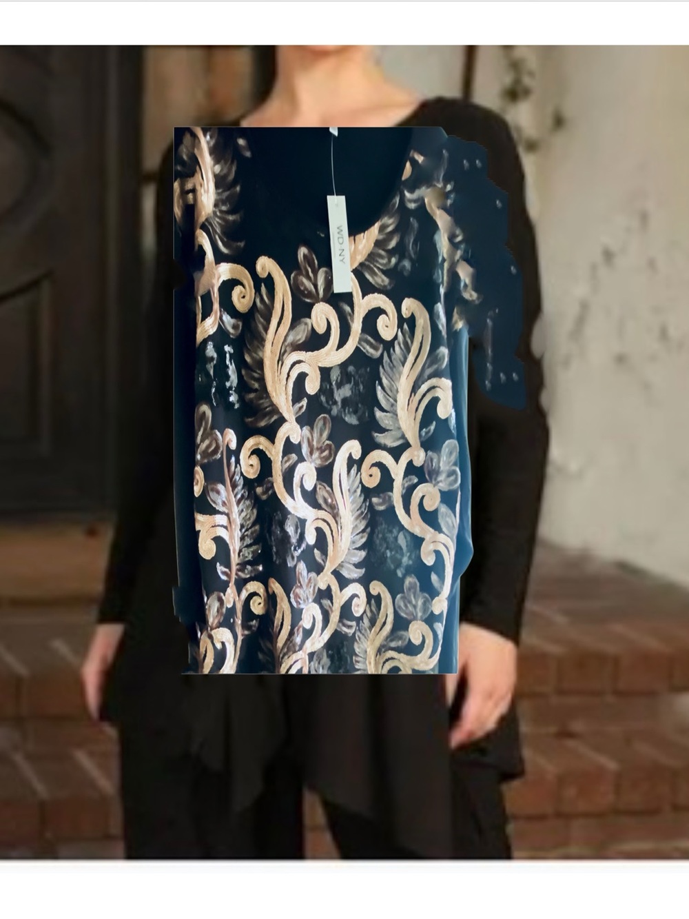 WD.NY Black Top with Gold Scroll Print